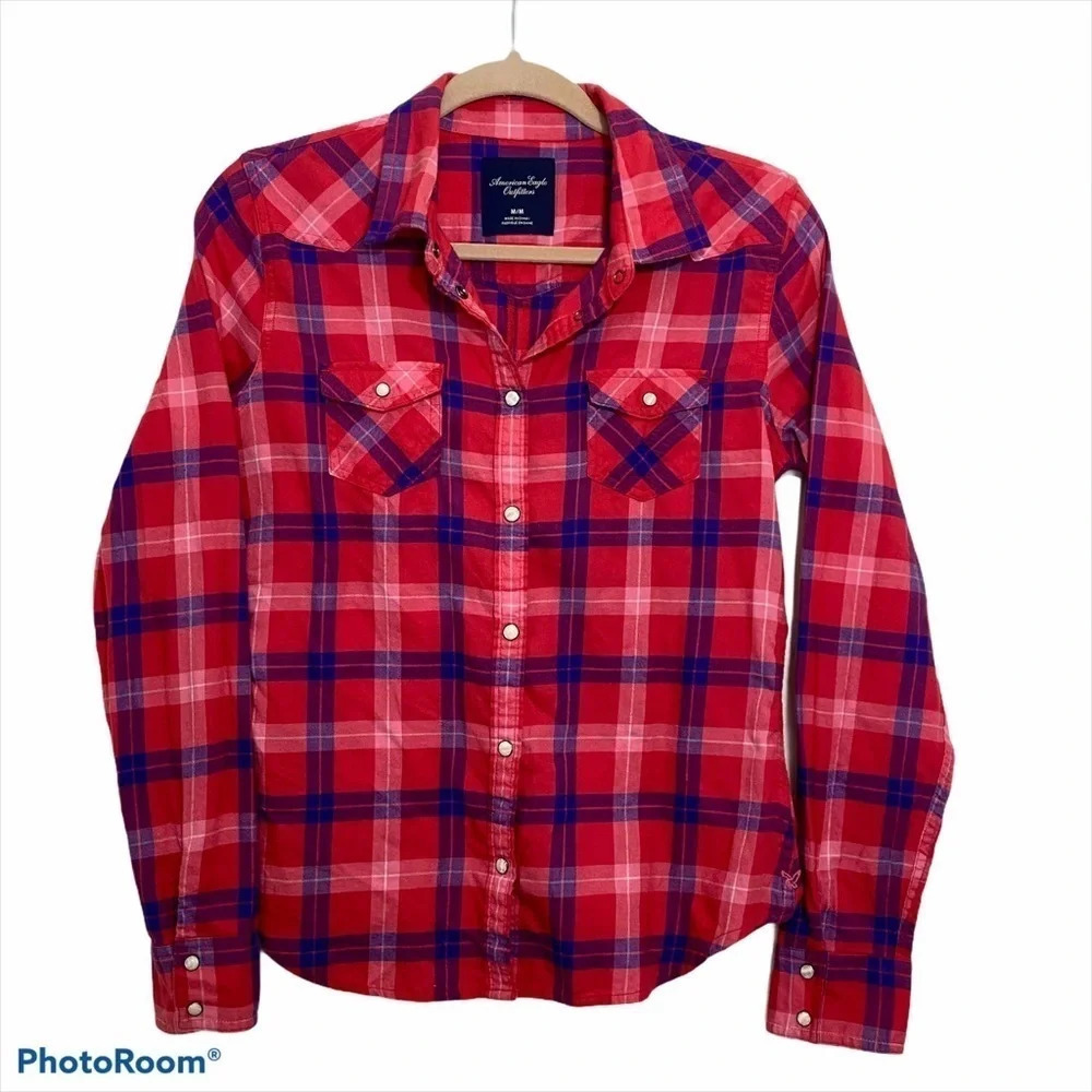 American Eagle Snap Button Down Plaid Shirt Size M